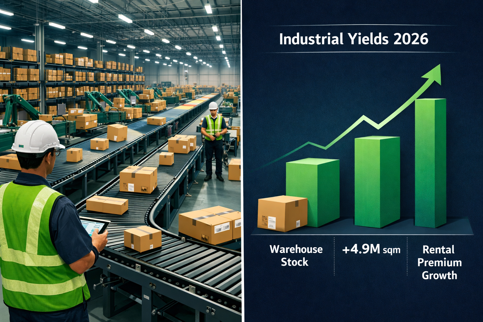 Split-panel infographic illustration in showing left side: a modern Brazilian logistics warehouse interior with automated