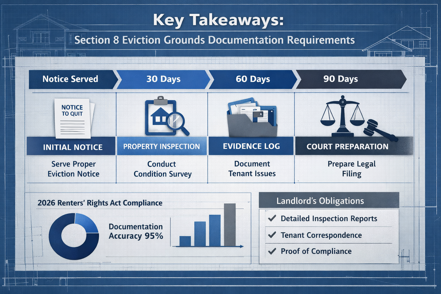 Landscape editorial infographic for 'Key Takeaways' section, featuring a crisp, color-coded timeline with legal document