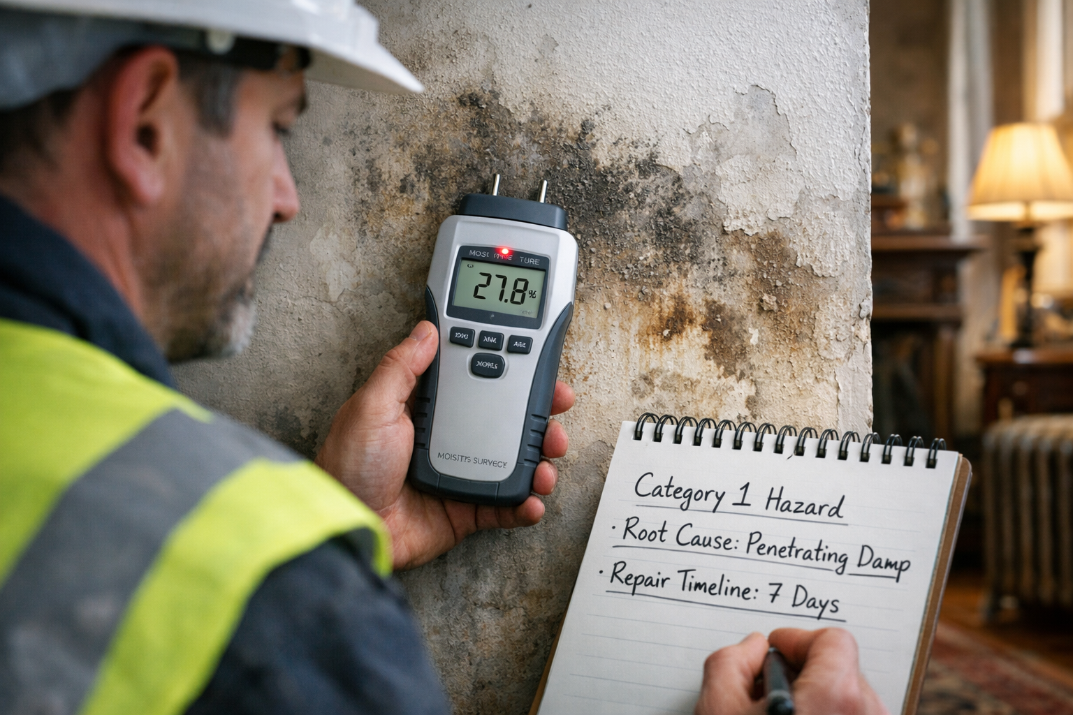 () close-up documentary-style photograph of a chartered surveyor using a professional moisture meter against a wall showing