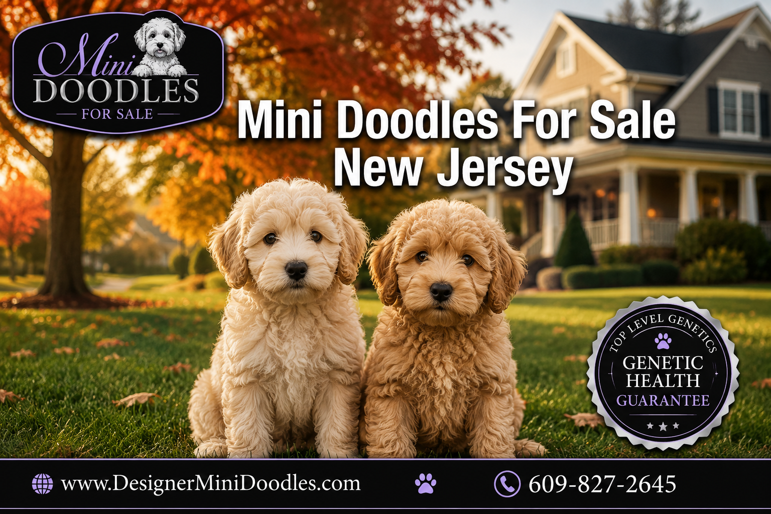 Professional () hero image with : 'Mini Doodles For Sale New Jersey' in white with dark , centered upper-third. Background