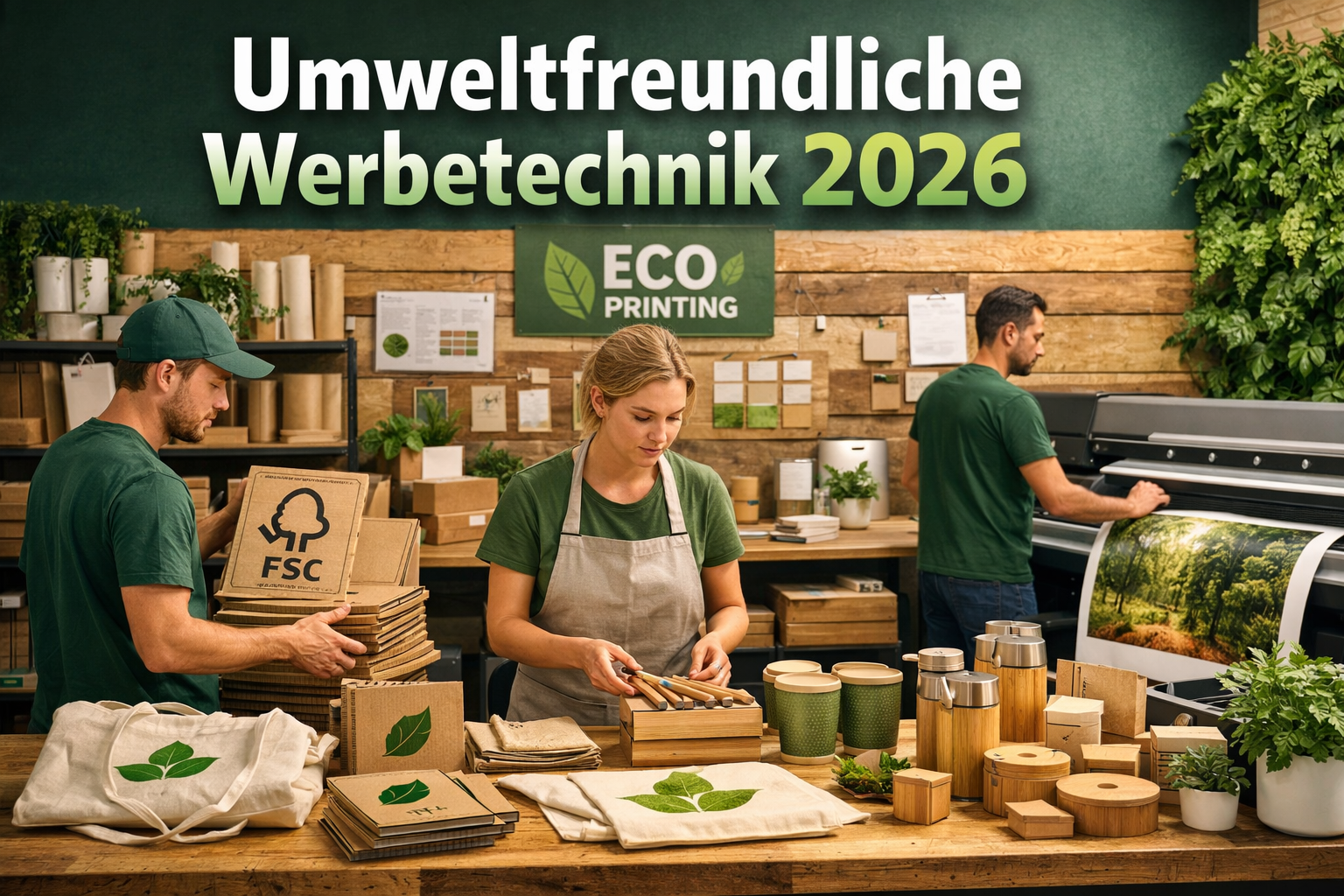 Professional landscape format (1536x1024) hero image featuring bold text overlay 'Umweltfreundliche Werbetechnik 2026' in extra large 72pt w
