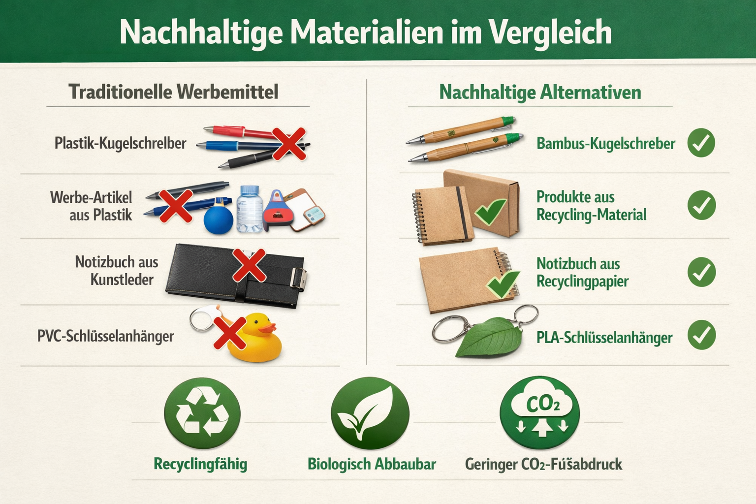 Landscape format (1536x1024) image showing comparison table of traditional versus sustainable advertising materials. Left side displays plas