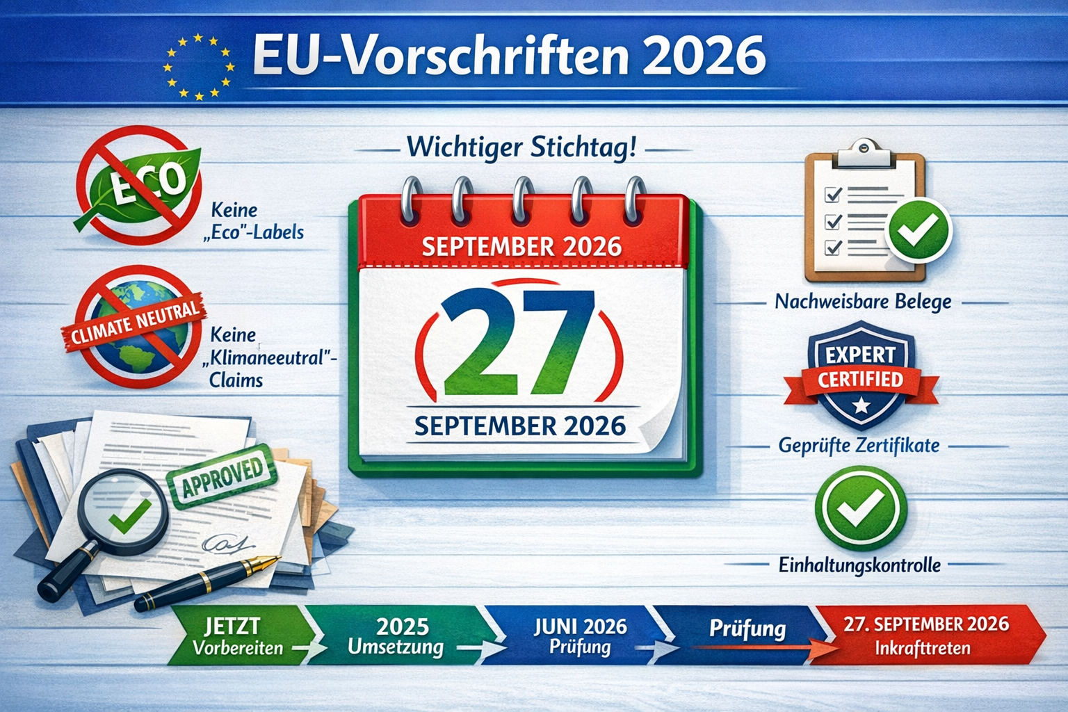 Landscape format (1536x1024) detailed infographic showing EU regulation timeline for 2026 environmental advertising claims. Visual calendar