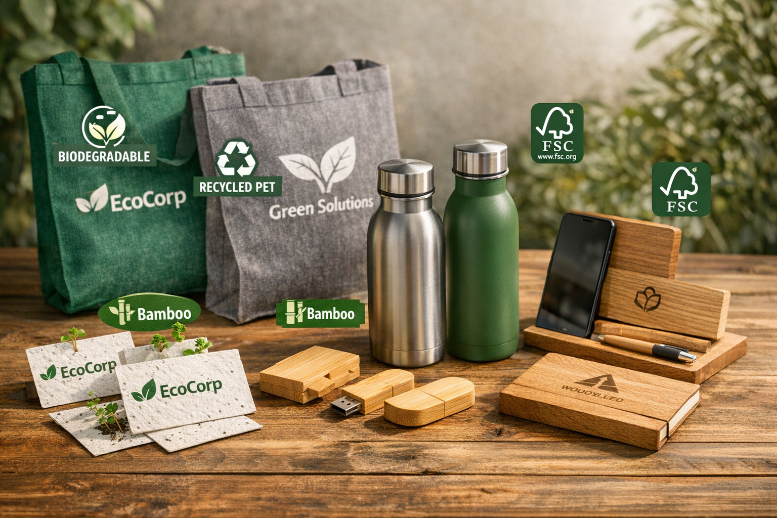 Landscape format (1536x1024) photograph of modern sustainable promotional products arranged on natural wood surface. Featured items: seed-em