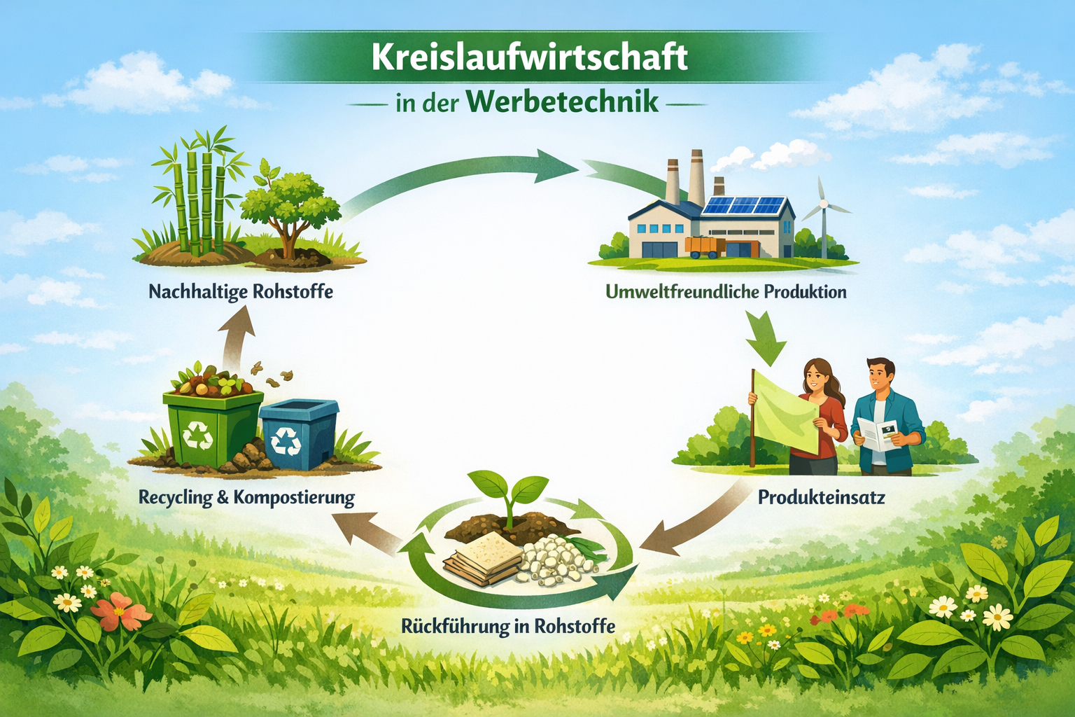 Landscape format (1536x1024) conceptual illustration showing circular economy lifecycle for advertising materials. Circular diagram with arr