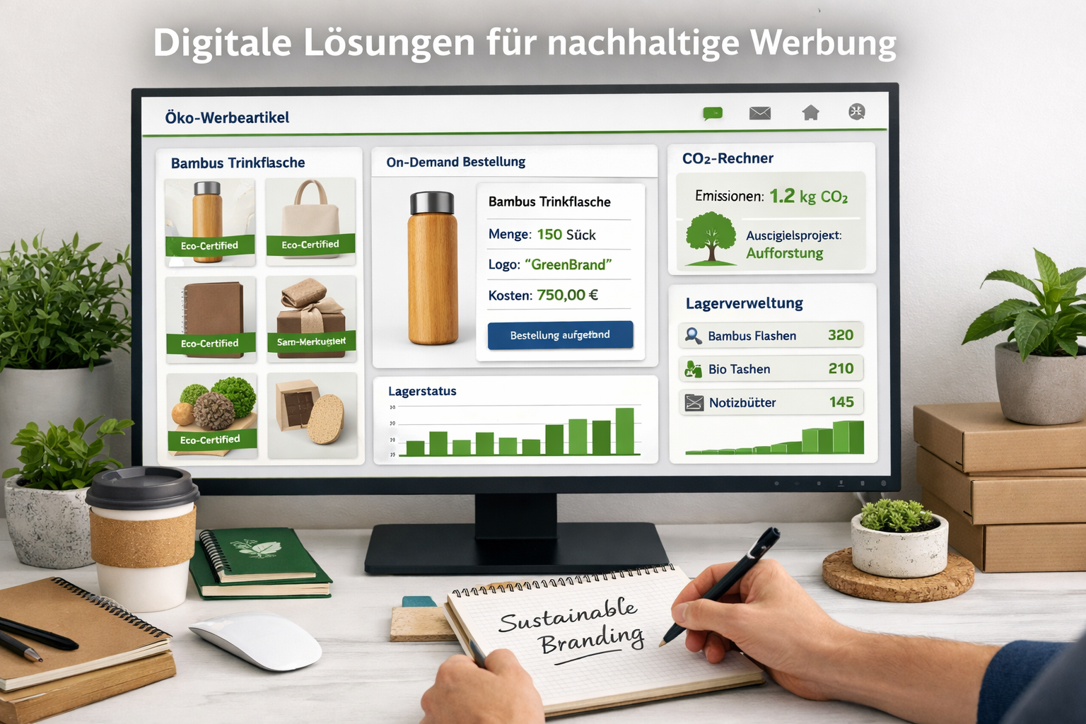 Landscape format (1536x1024) modern digital workspace showing sustainable promotional item management platform on large monitor. Screen disp