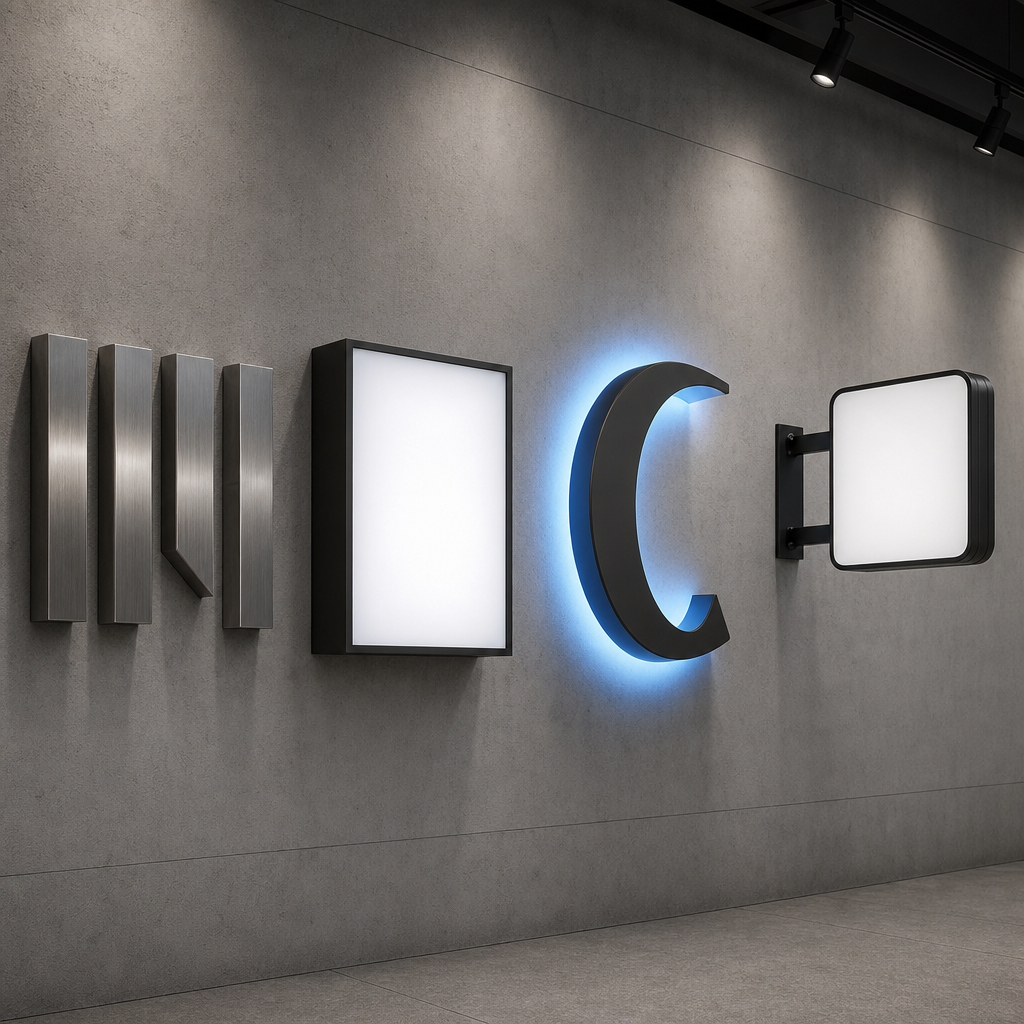 Lineup of custom business sign types including dimensional metal letters, an acrylic lightbox cabinet, halo-lit channel letters, and a small perpendicular blade sign