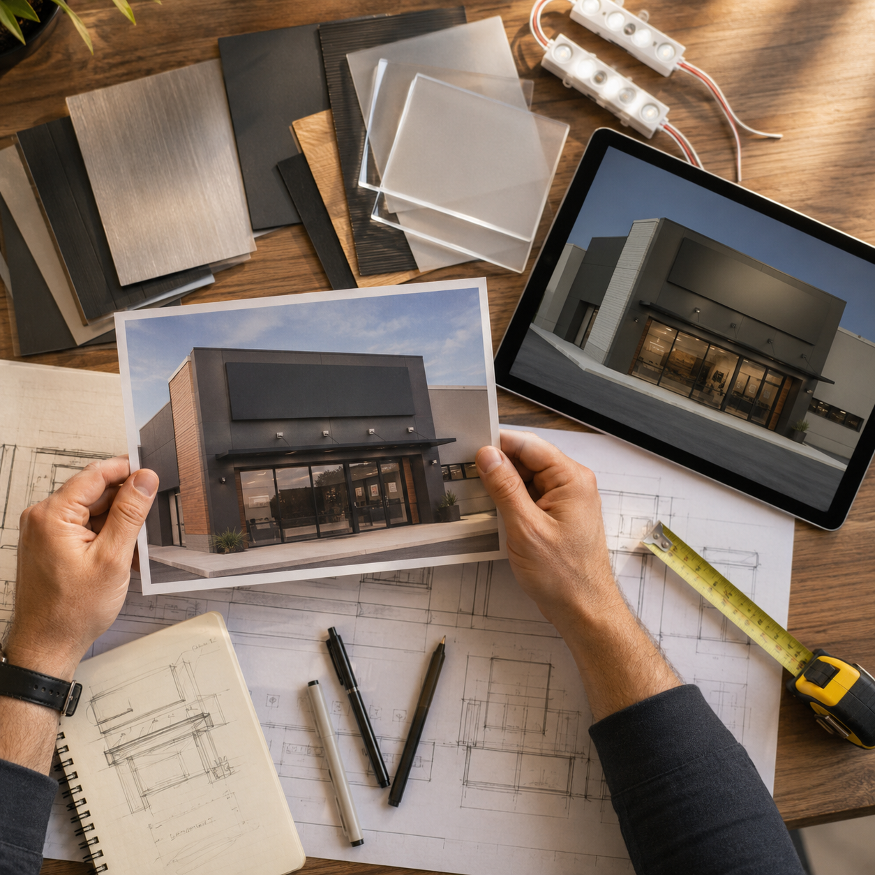 A sign designer's desk with brushed-aluminum and acrylic swatches, LED modules, a tablet showing a 3D building mockup, and architectural drawings