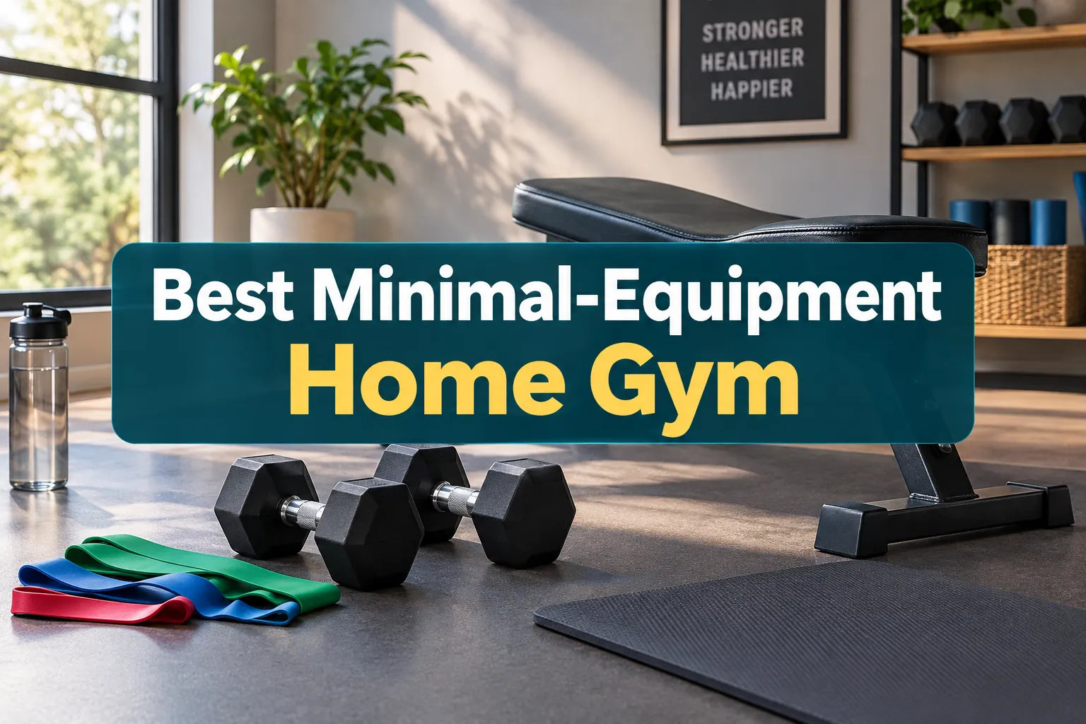 Professional landscape hero image () with a reading "Best Minimal-Equipment Home Gym". CRITICAL TYPOGRAPHY RULES: render the