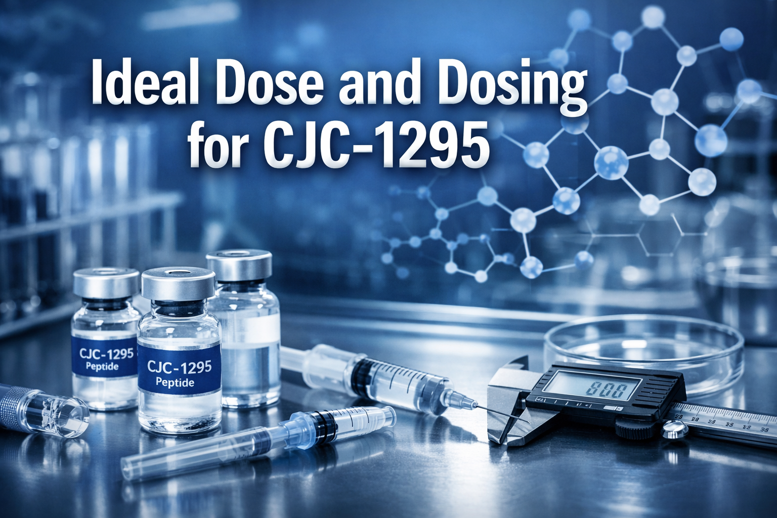 Professional landscape hero image (1536x1024) featuring bold text overlay 'Ideal Dose and Dosing for CJC-1295' in extra large 72pt white san
