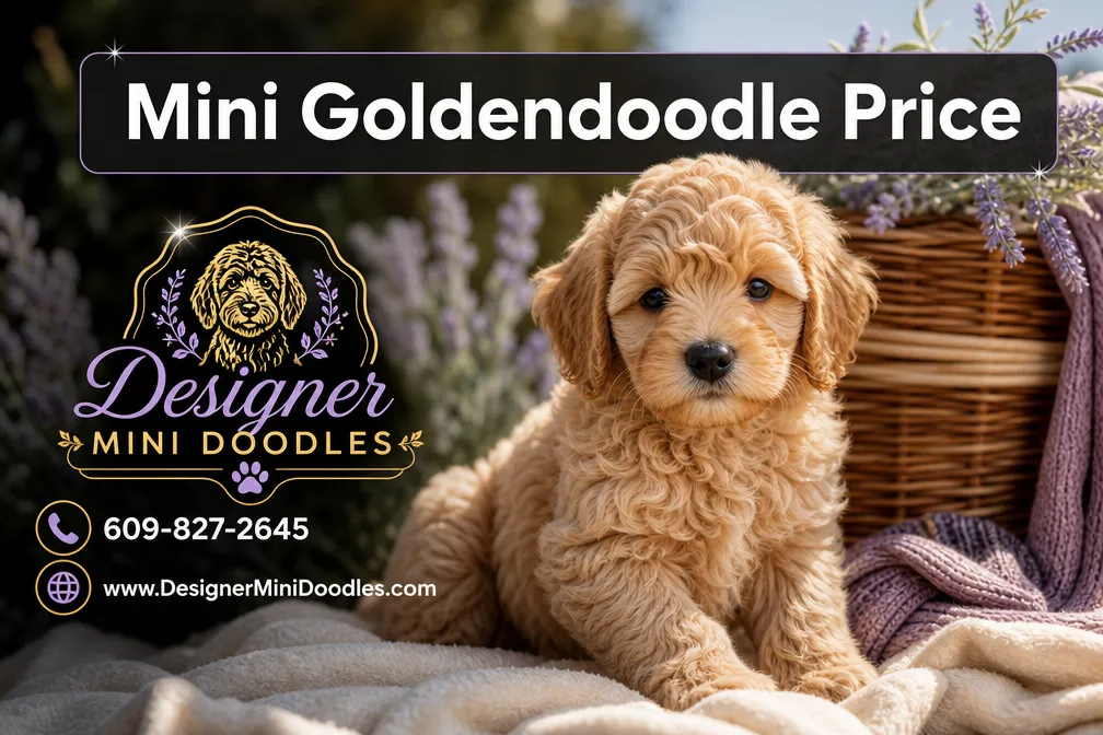 Professional () magazine-cover hero image with 'Mini Goldendoodle Price' (≤42 chars) in crisp white on a semi-transparent