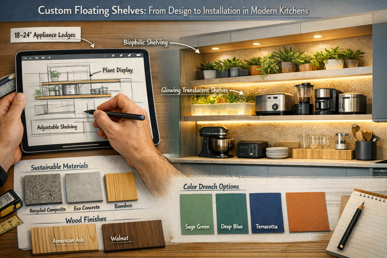A detailed landscape format (1536x1024) image illustrating the design phase of custom floating shelves for modern kitchens in 2026. The imag