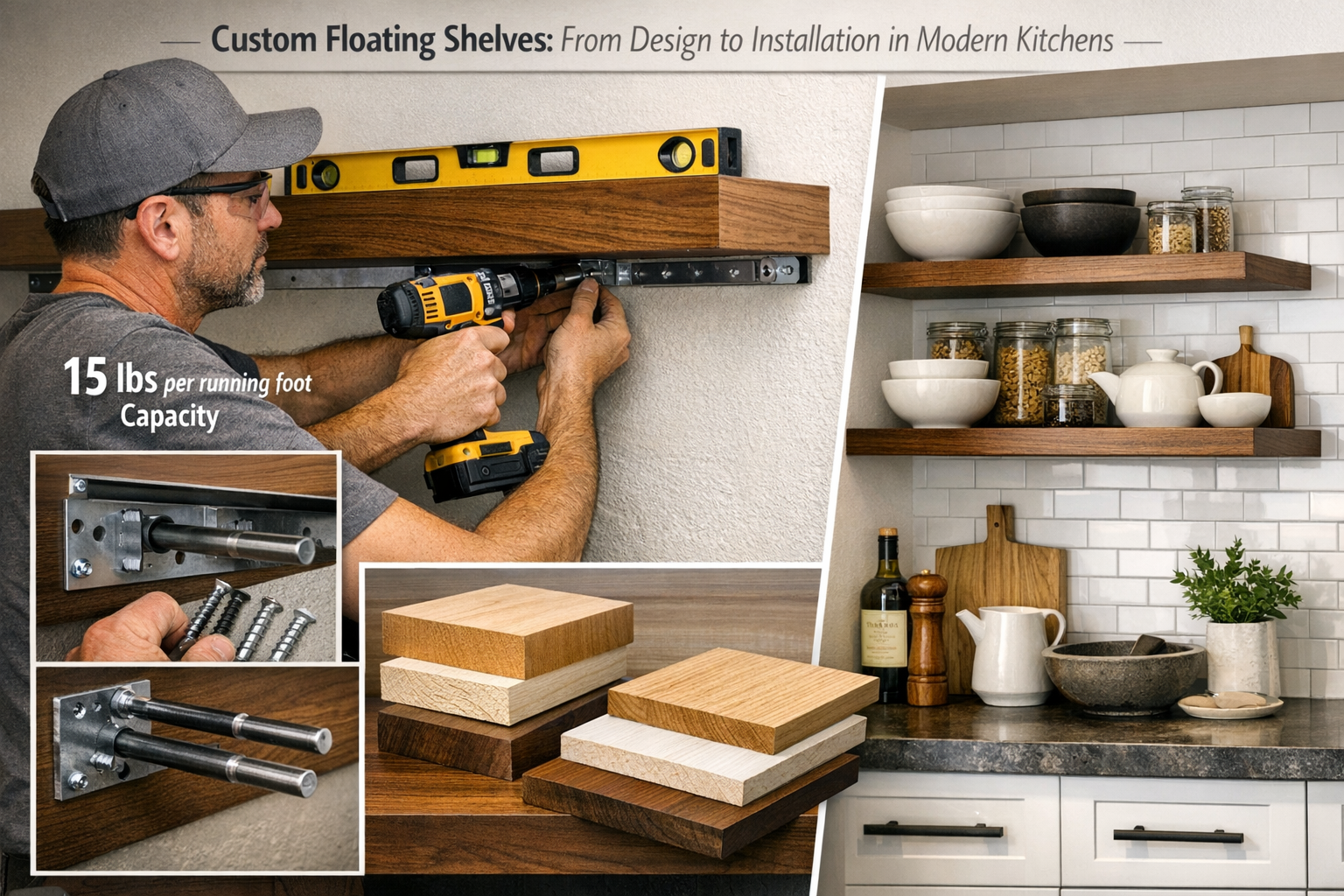 A detailed landscape format (1536x1024) image depicting the installation process of custom floating shelves in a modern kitchen. The visual 