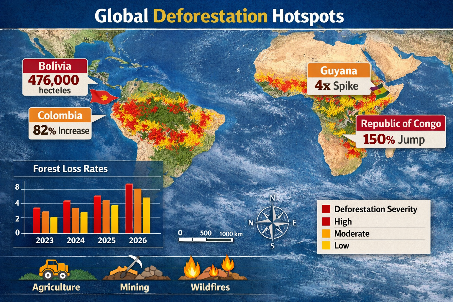 () detailed infographic showing global deforestation hotspots map with color-coded severity zones in red, orange, and yellow