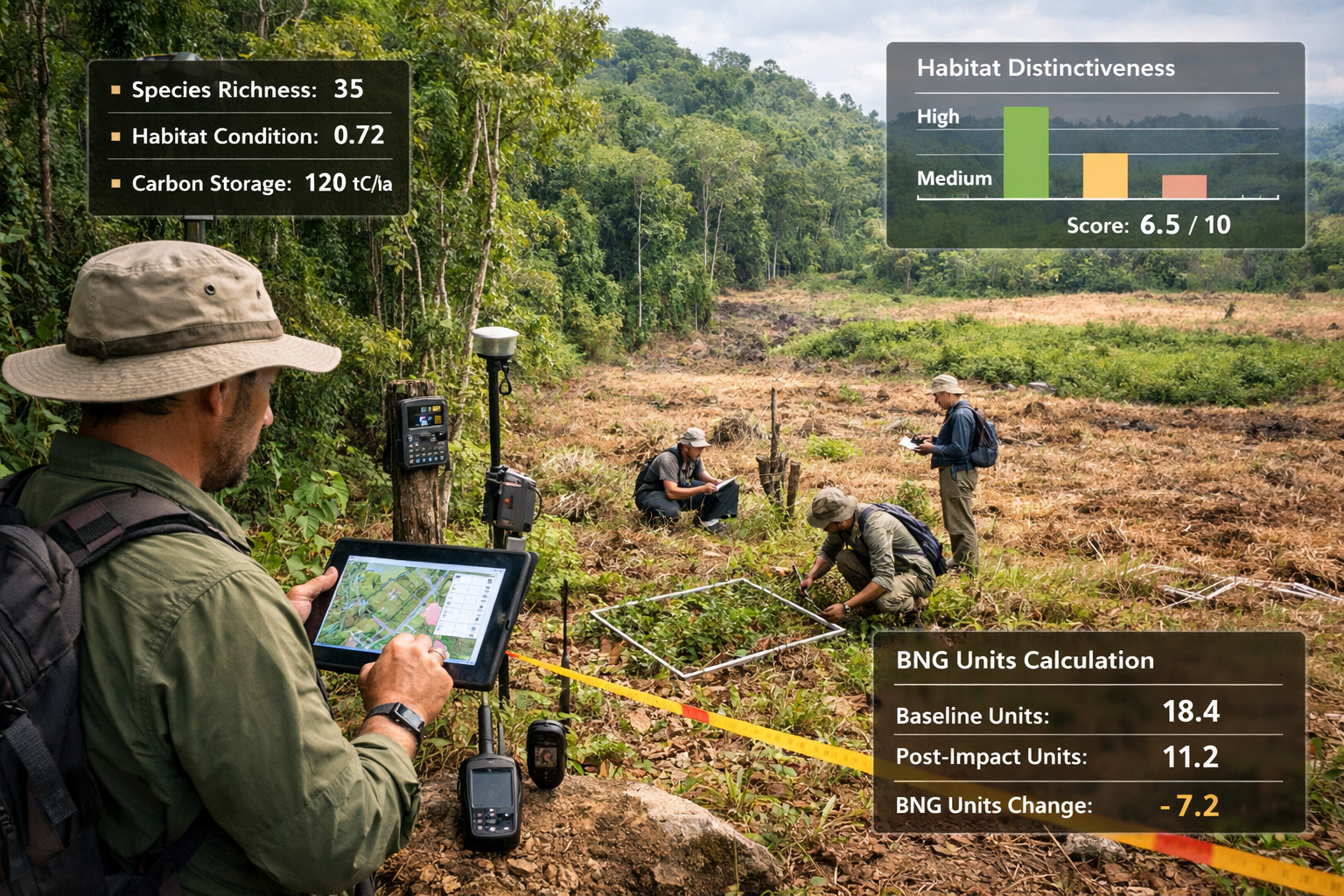 () field survey scene showing biodiversity surveyor team conducting habitat assessment in threatened tropical forest edge