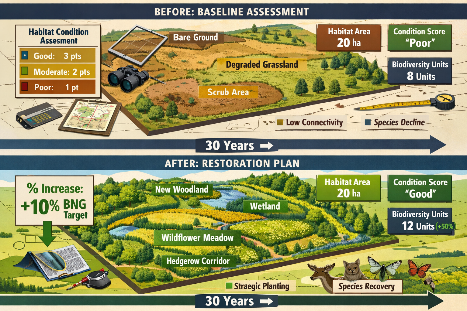 () conceptual illustration demonstrating biodiversity net gain calculation methodology for deforested habitat restoration.