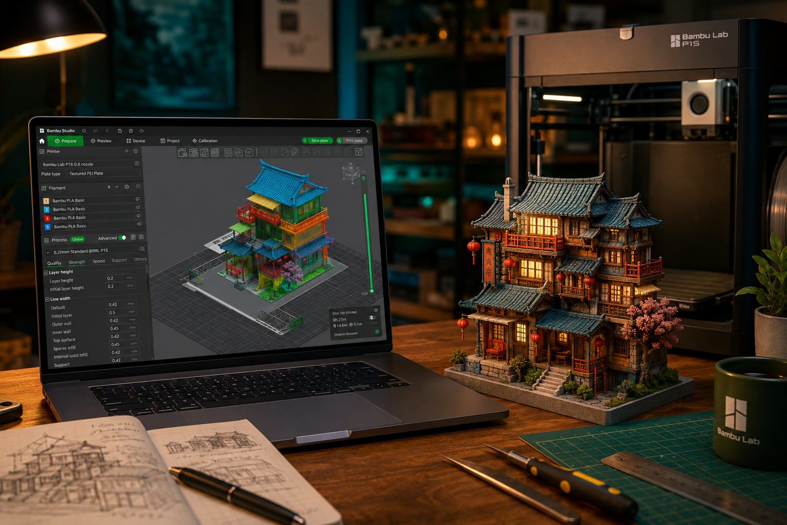 Detailed () split-scene image: left side shows a laptop screen displaying Bambu Studio slicer software with a colorful 3D