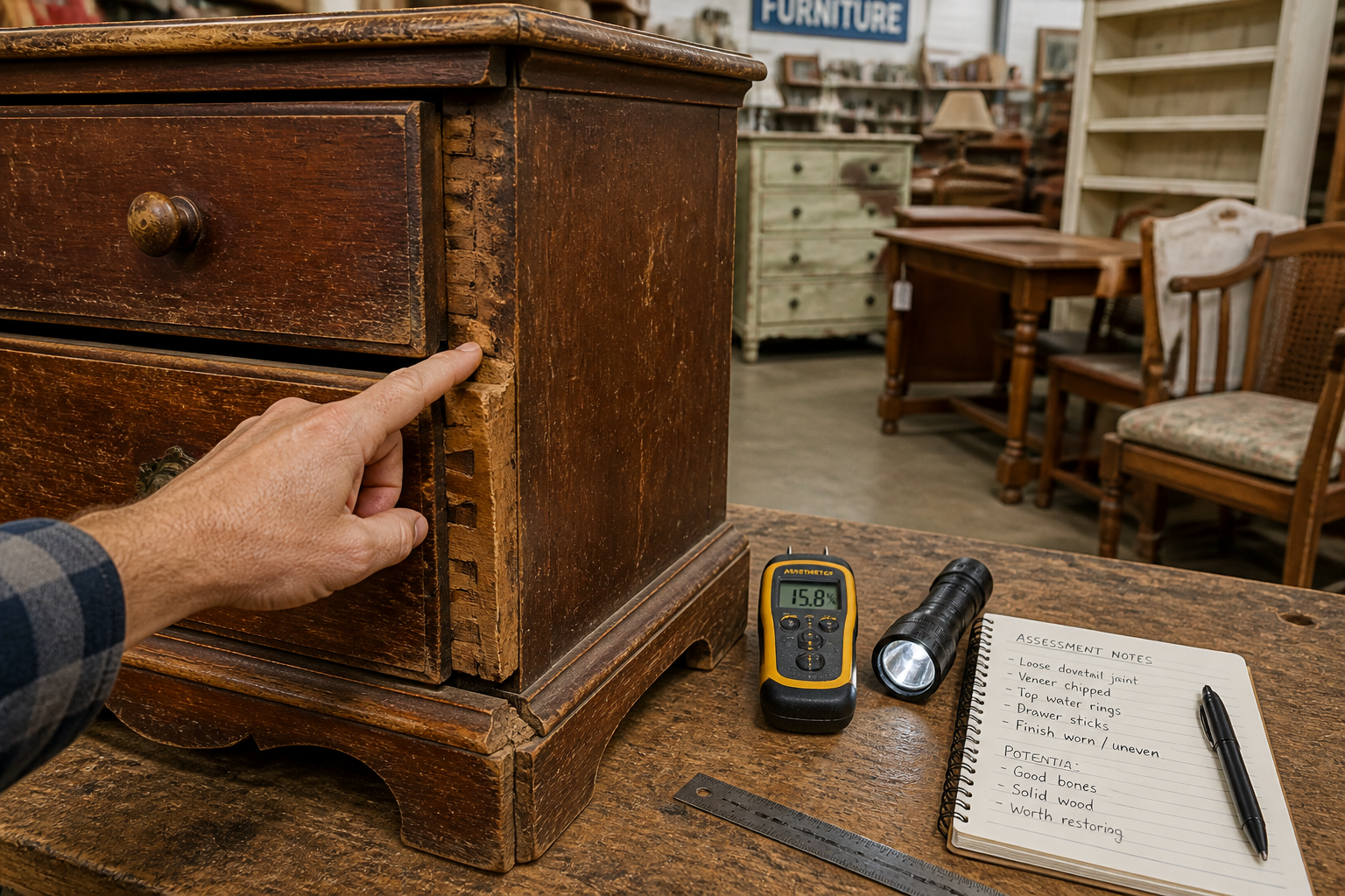 A detailed landscape image () showcasing the initial assessment phase of thrift store furniture. The foreground features a
