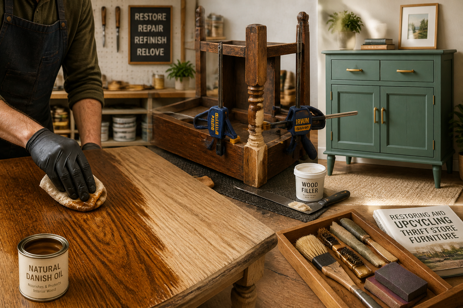 A () image illustrating various stages of furniture restoration and upcycling techniques. In the foreground, a close-up of a