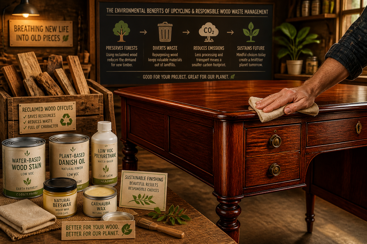 A () image demonstrating advanced finishing and sustainable practices in woodworking. The central focus is a stunning, fully