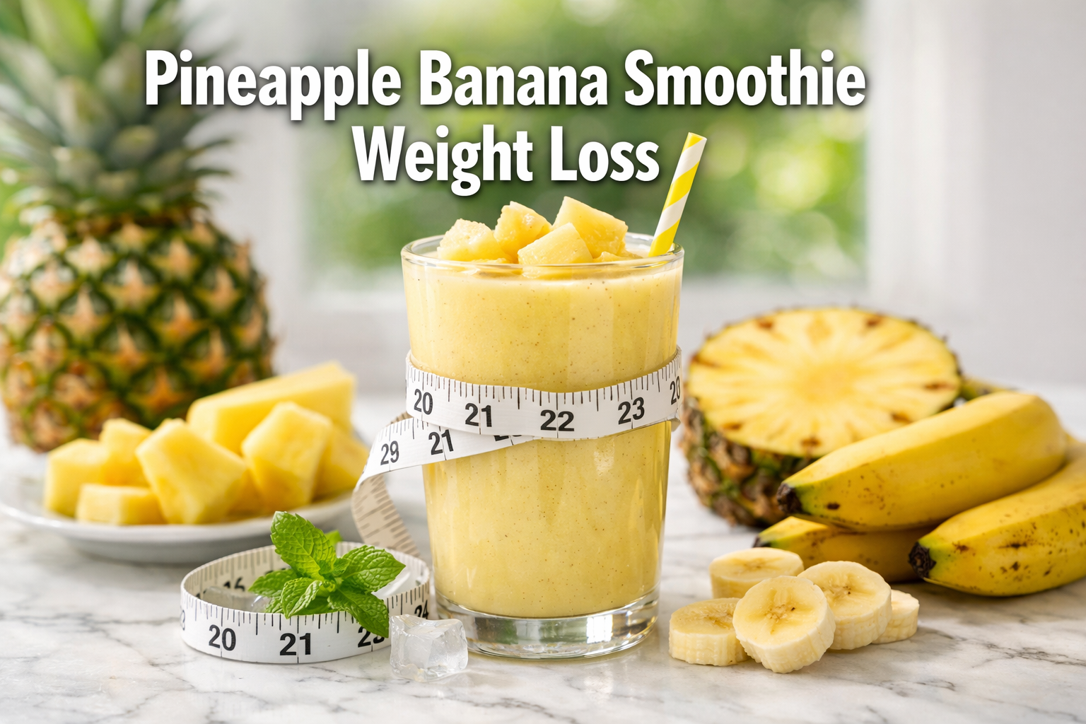 Professional landscape hero image (1536x1024) featuring bold text overlay 'Pineapple Banana Smoothie Weight Loss' in extra large 72pt white 