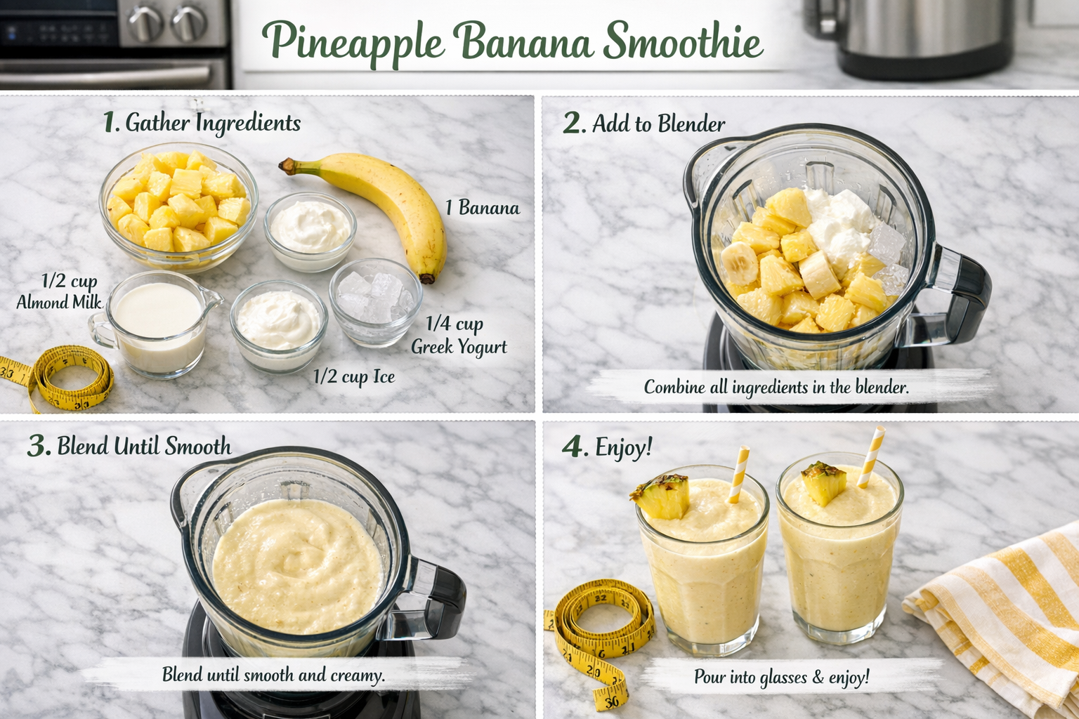 Step-by-step visual recipe guide for pineapple banana smoothie preparation, overhead shot of ingredients laid out on marble counter (fresh p