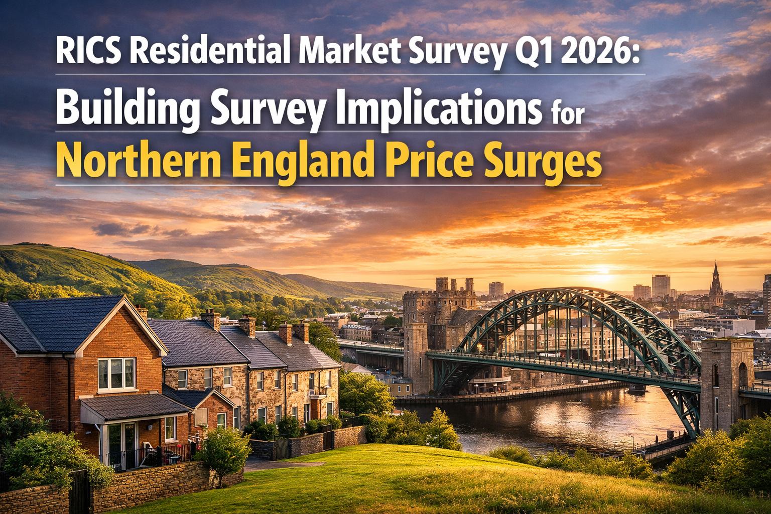 Professional landscape hero image (1536x1024) with bold text overlay: "RICS Residential Market Survey Q1 2026: Building Survey Implications