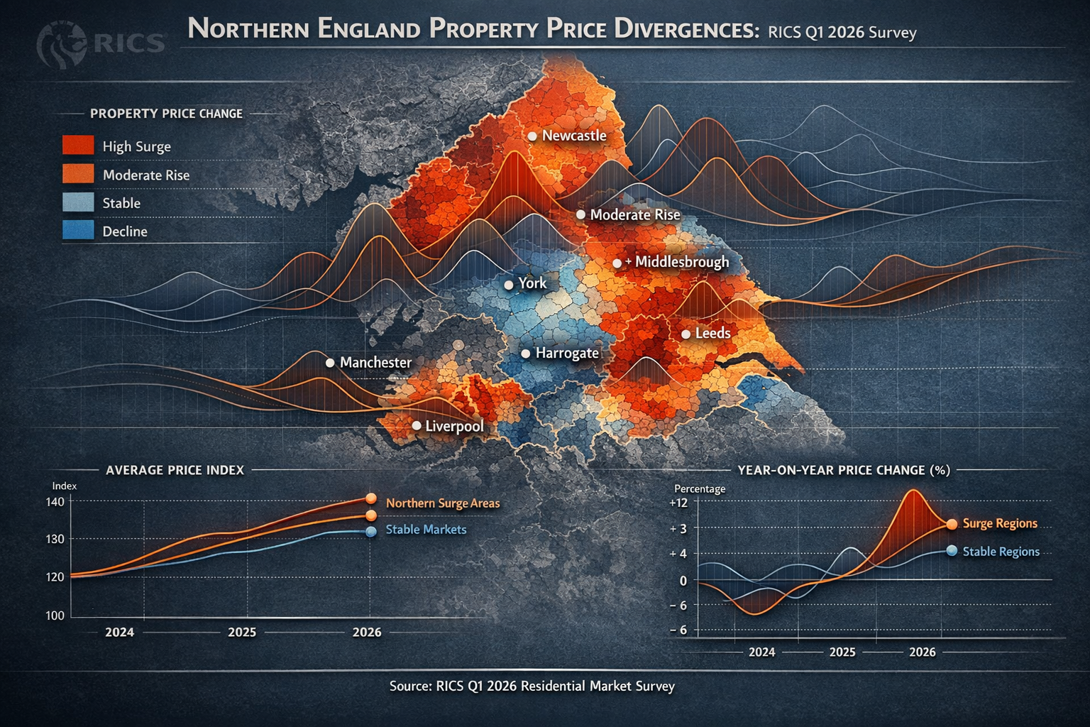 Comprehensive data visualization chart mapping Northern England regional property price divergences from RICS Q1 2026 survey. Intricate geog