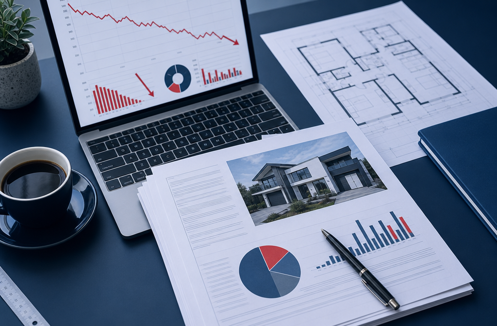 Detailed () image showing a close-up overhead view of a professional surveyor's desk with RICS property valuation reports, a