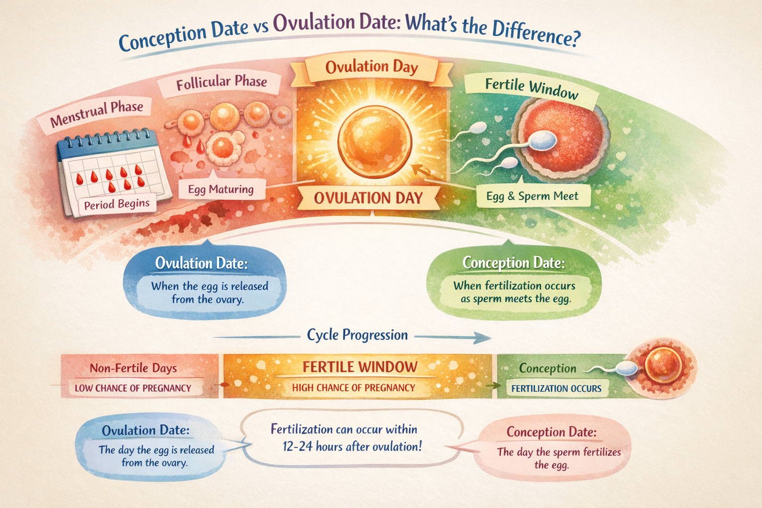 A detailed infographic illustrating the menstrual cycle, highlighting the phases leading to ovulation and the brief window