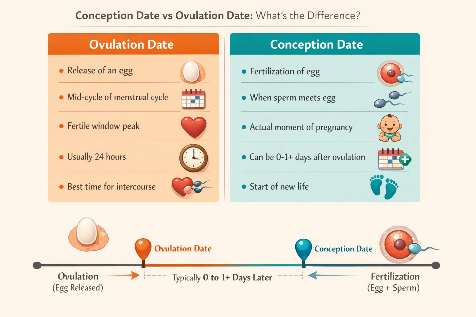 A side-by-side comparison chart visually breaking down the key characteristics, timing, and significance of 'Ovulation Date'