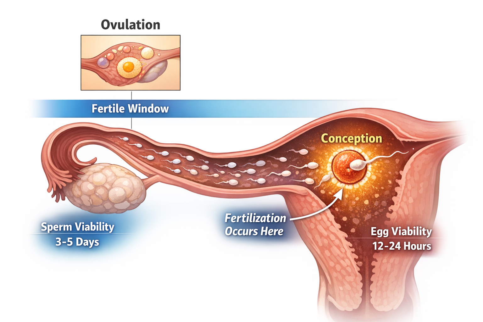 A diagram showing the journey of sperm to egg and the process of fertilization within the fallopian tube. Illustrate the