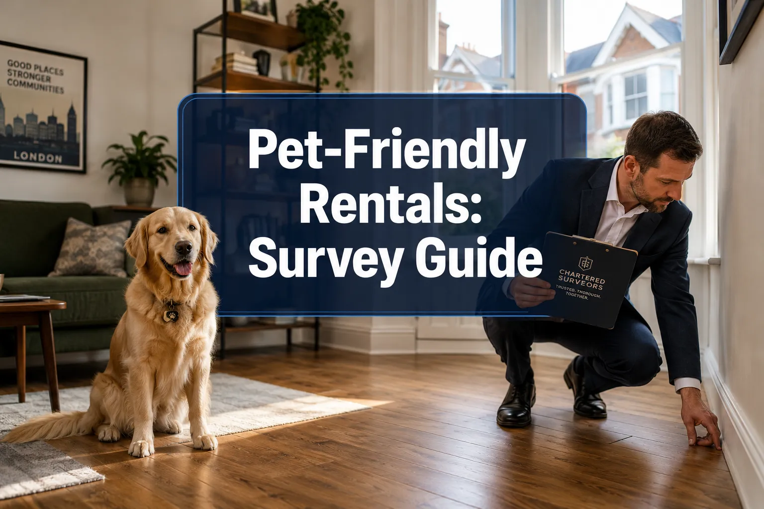 Professional () hero image with 'Pet-Friendly Rentals: Survey Guide' in crisp white on a deep navy semi-transparent panel,