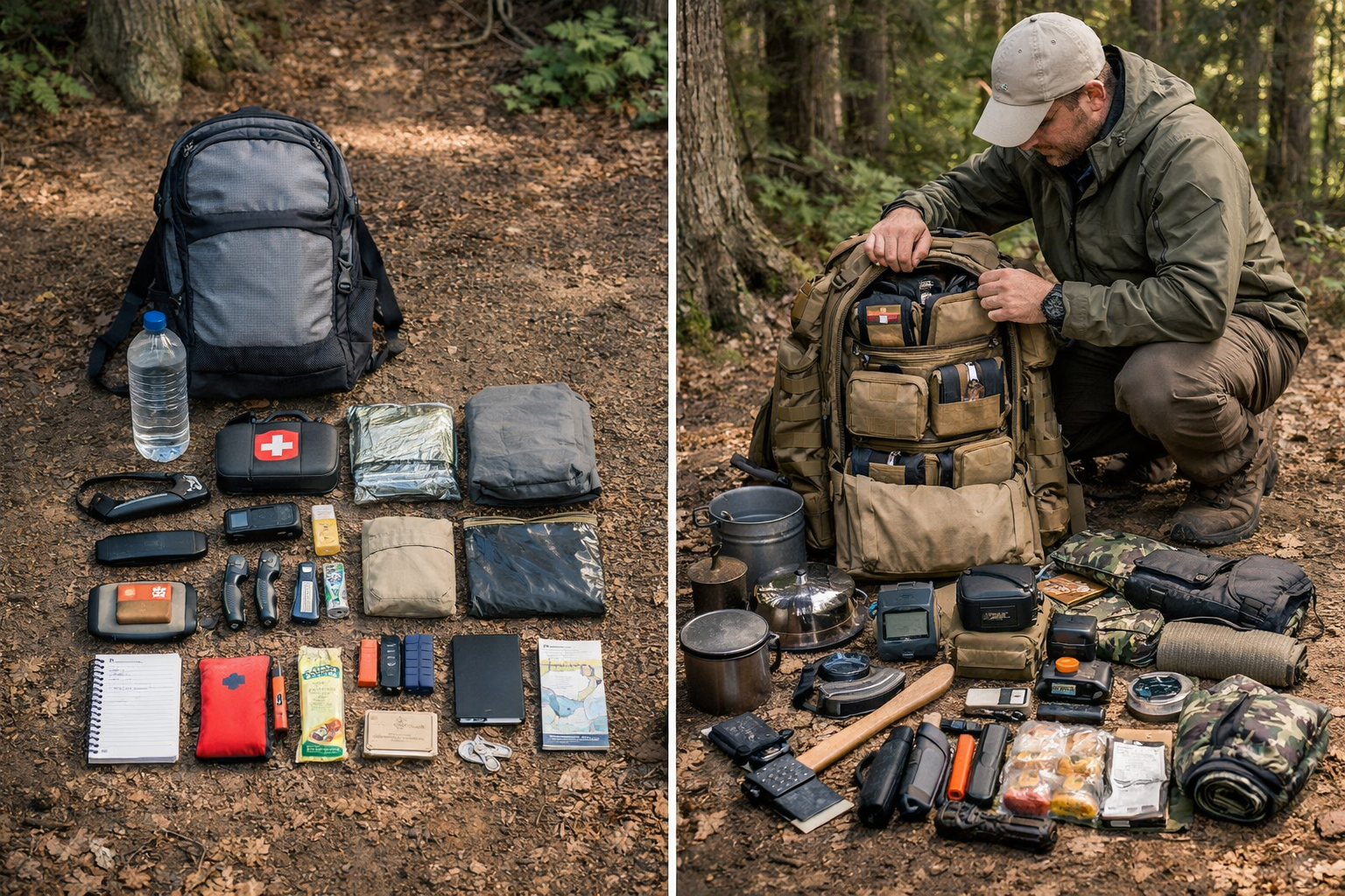 Detailed () showing a side-by-side comparison of two different bug out bag setups: left side shows a minimalist 24-hour