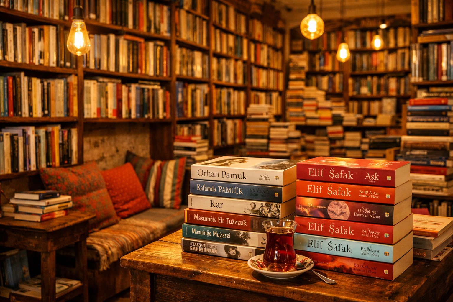 () editorial photograph of a cozy Turkish bookshop interior in Istanbul's Beyoğlu district, shelves overflowing with