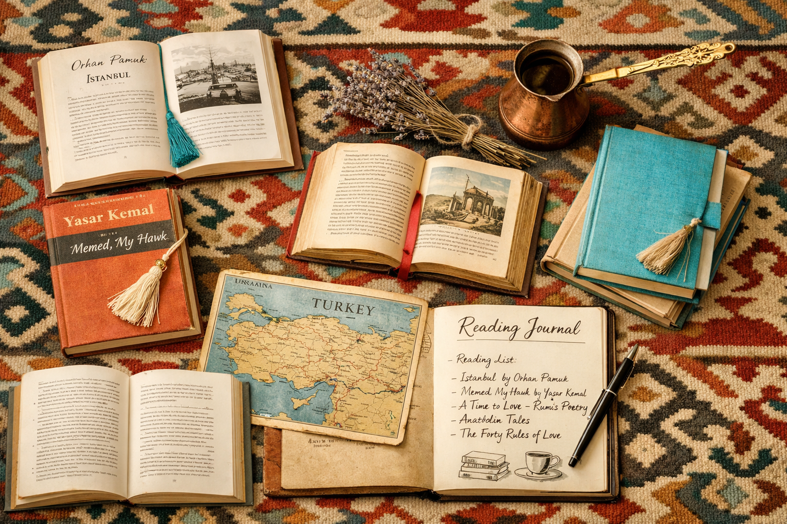 () artistic flat-lay photograph from above showing a curated reading list spread across a Turkish kilim rug, five or six