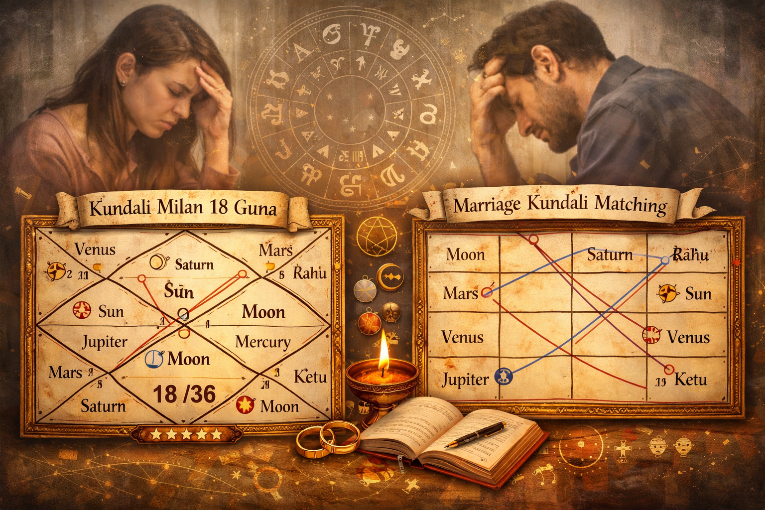 Do not write in Hindi on the images. Must write in English only. A detailed illustration showing two complex astrological birth charts (kund