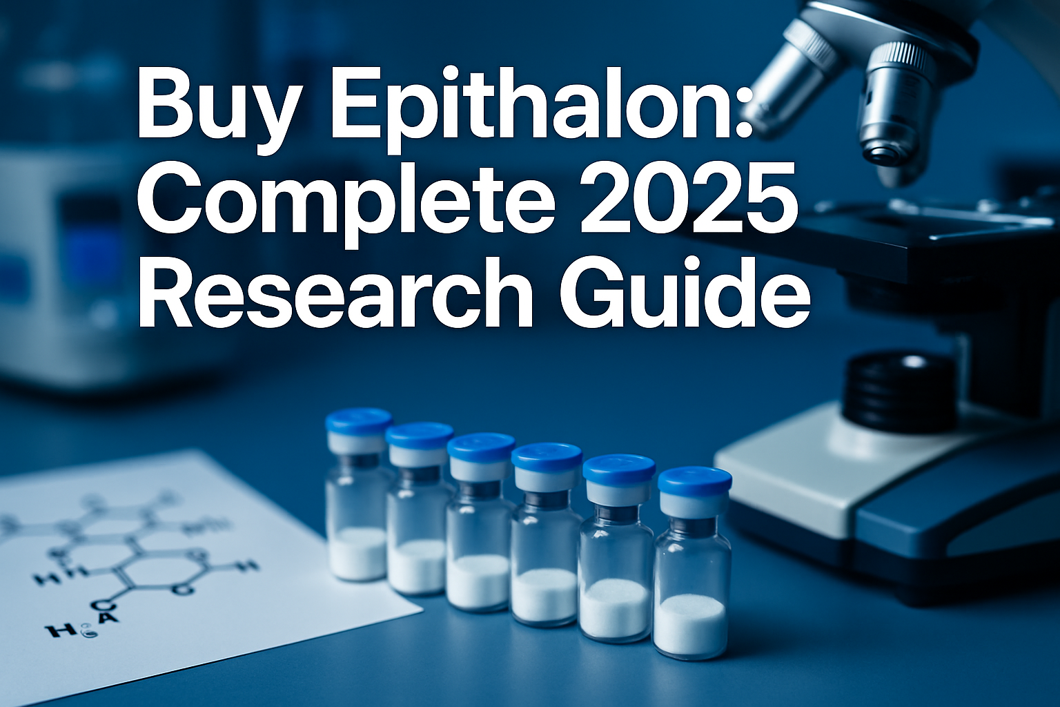 Professional landscape hero image (1536x1024) featuring bold text overlay 'Buy Epithalon: Complete 2025 Research Guide' in extra large 72pt 