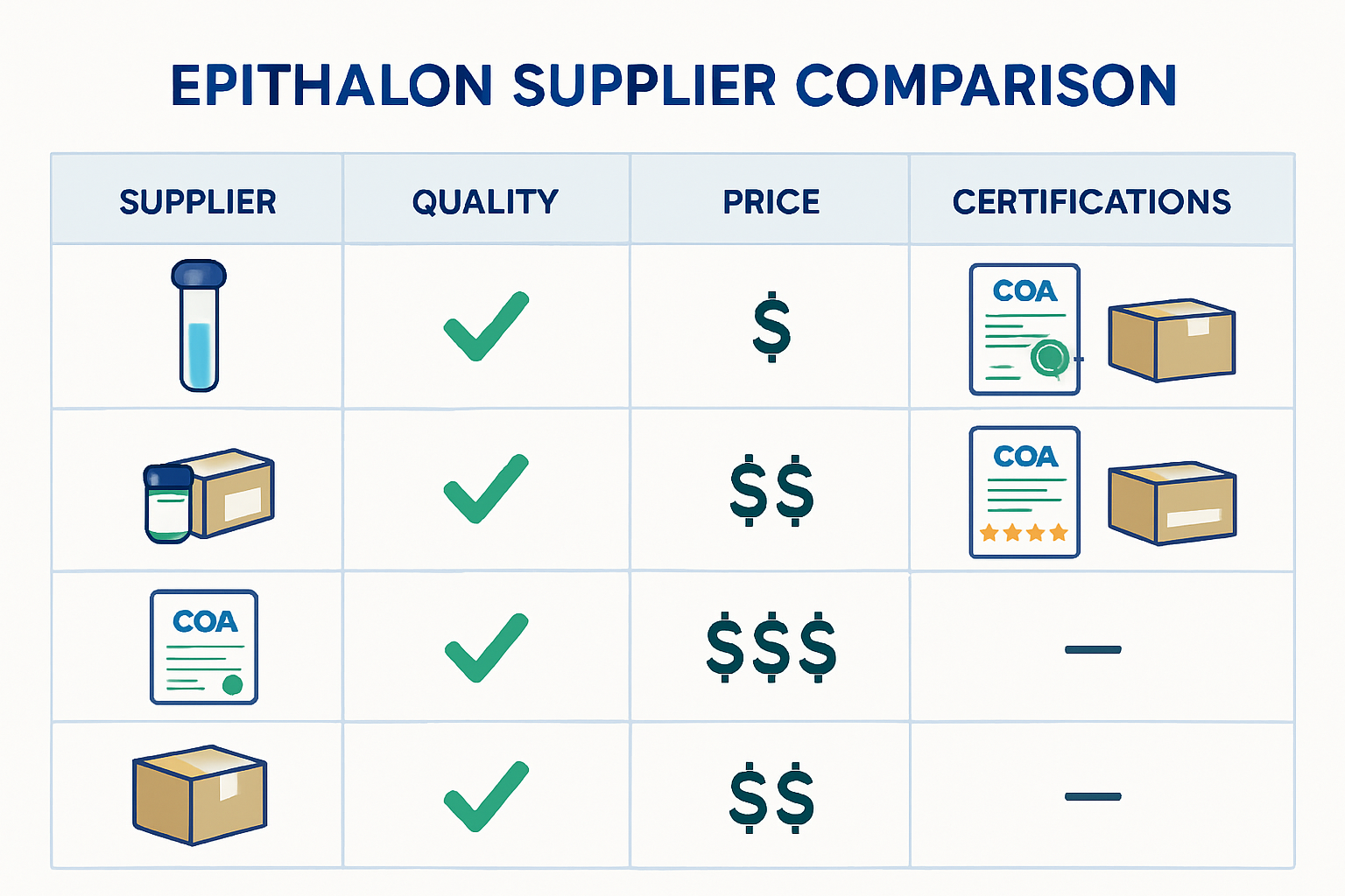 Professional comparison chart displaying different epithalon suppliers with quality metrics, pricing tiers, and certification badges. Visual