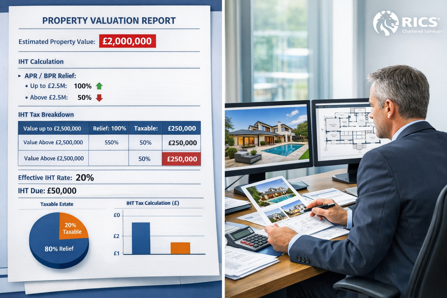 Detailed () image showing split-screen composition: left side displays detailed property valuation report with £2 million