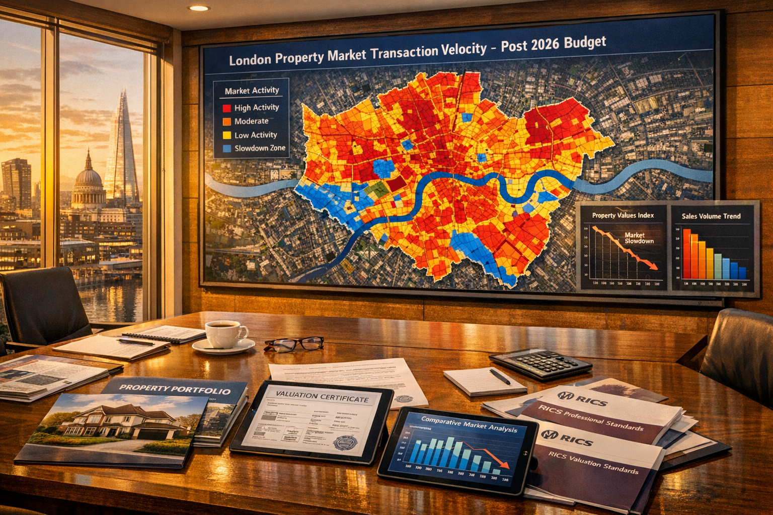 Detailed () scene showing modern surveyor's office with large wall-mounted display presenting prime London property market