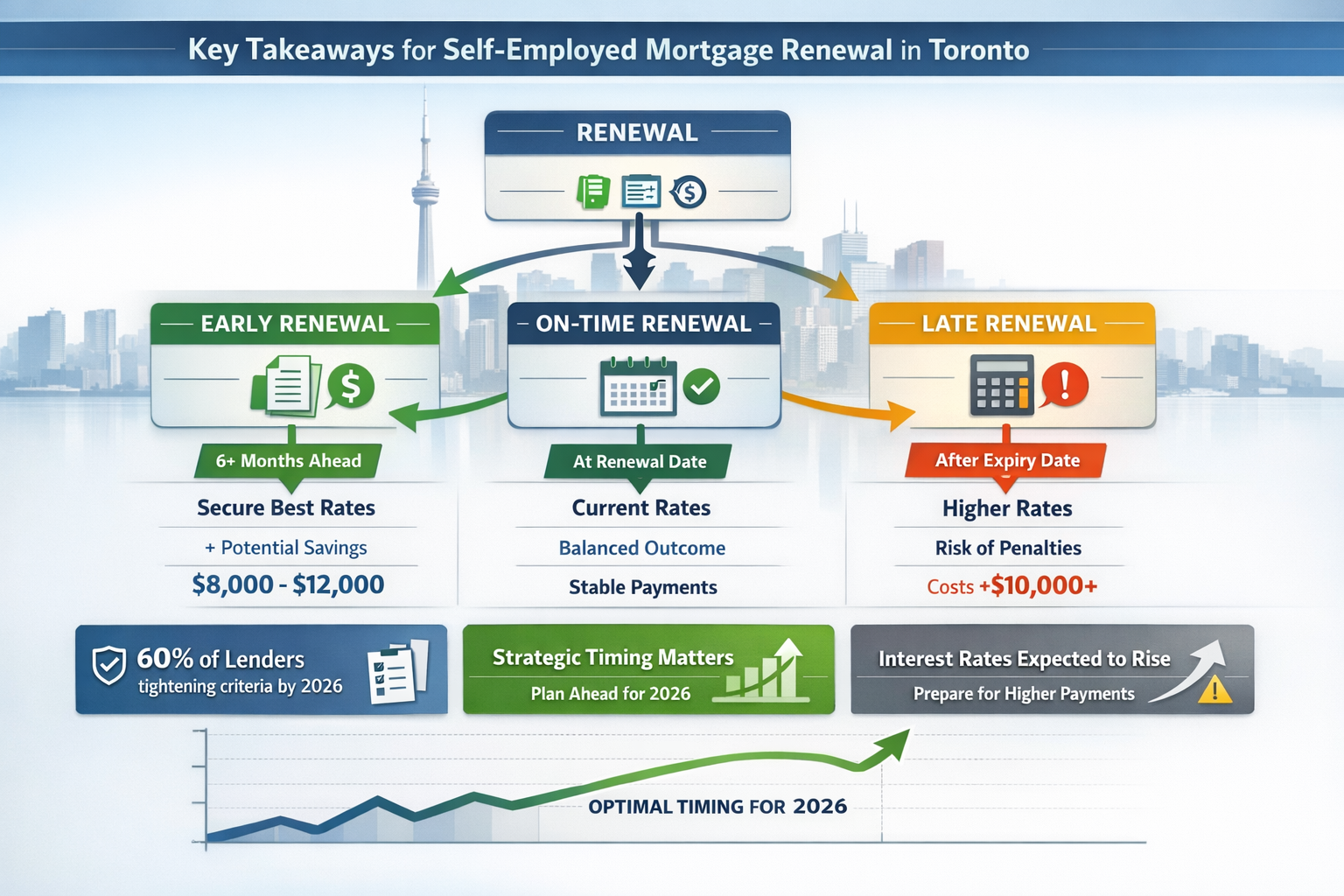 Key Takeaways infographic for self-employed mortgage renewal in Toronto, featuring a central visual dashboard with three