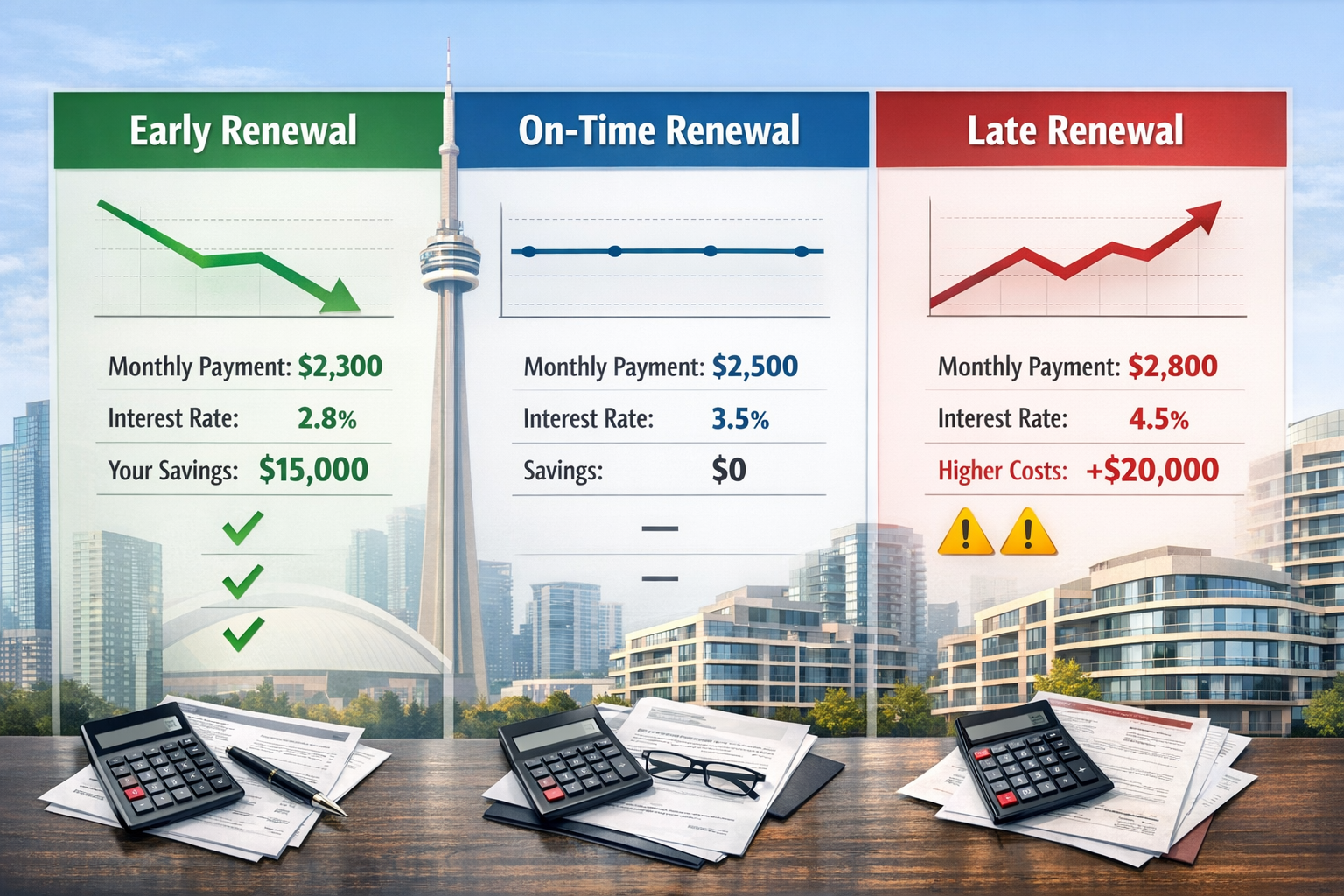 Detailed () image depicting a financial comparison table or split-screen analysis showing three scenarios side-by-side. Left