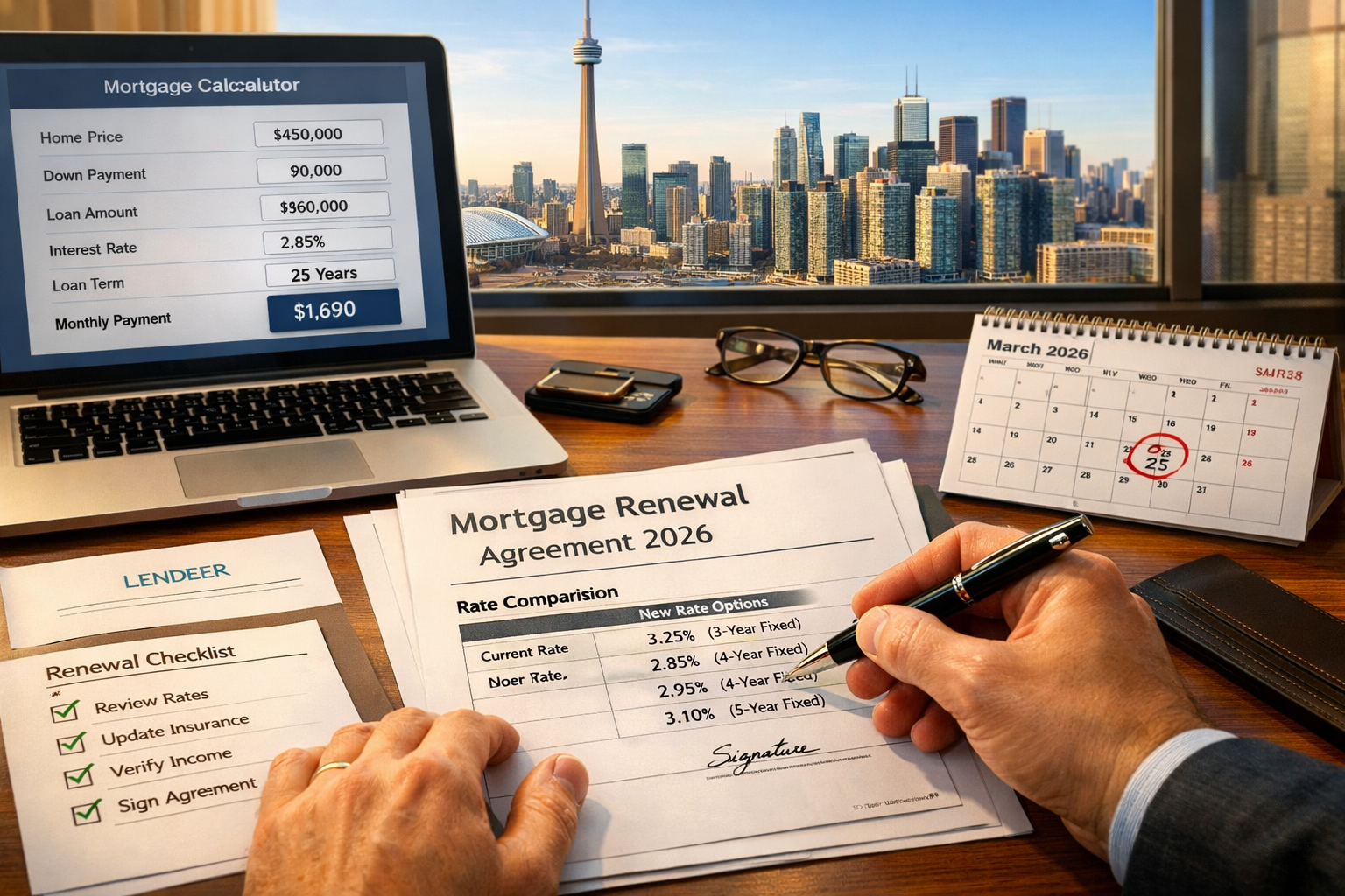 Detailed () image featuring close-up of hands signing mortgage renewal documents on desk with Toronto skyline visible