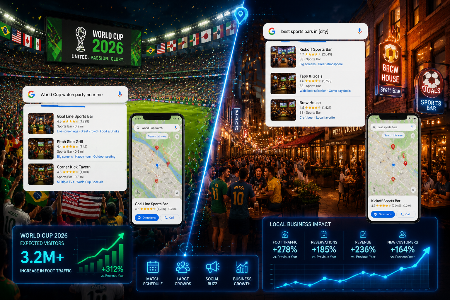 () illustration showing a split-screen composition: left side displays a packed soccer stadium with World Cup 2026 branding