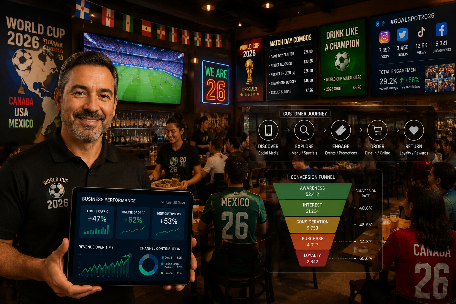 () business transformation scene showing a local restaurant or bar interior decorated with World Cup 2026 theming. Scene