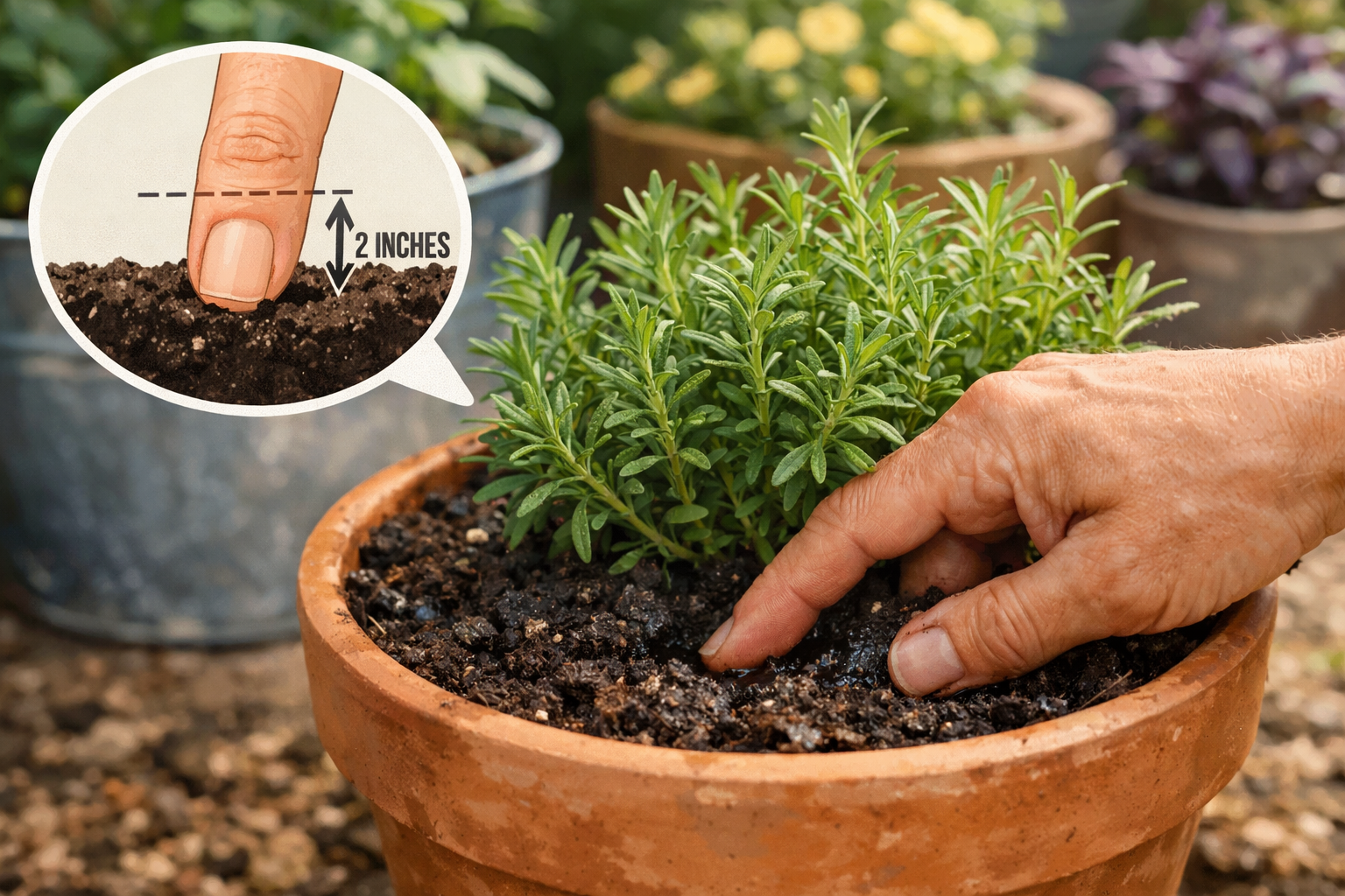 () image showing a close-up of a gardener's hand gently feeling the topsoil in a terracotta pot with a thriving herb plant.