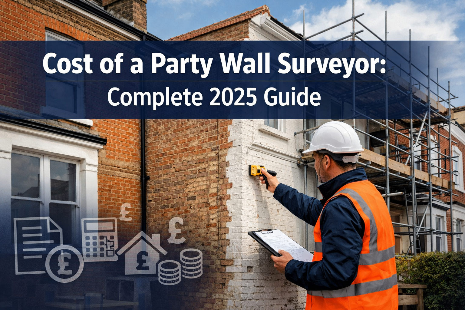 Professional landscape hero image (1536x1024) featuring bold text overlay 'Cost of a Party Wall Surveyor: Complete 2025 Guide' in extra larg
