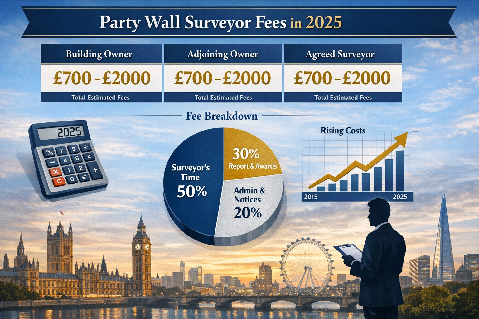 Detailed landscape infographic (1536x1024) showing comprehensive cost breakdown chart for party wall surveyor fees in 2025. Visual elements 