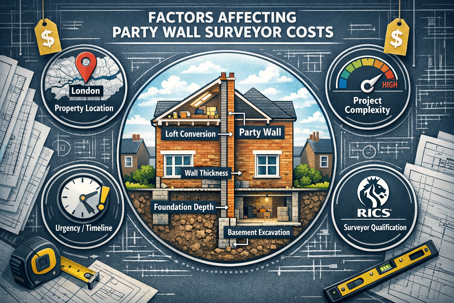 Detailed landscape illustration (1536x1024) depicting factors affecting party wall surveyor costs with visual hierarchy. Central image shows